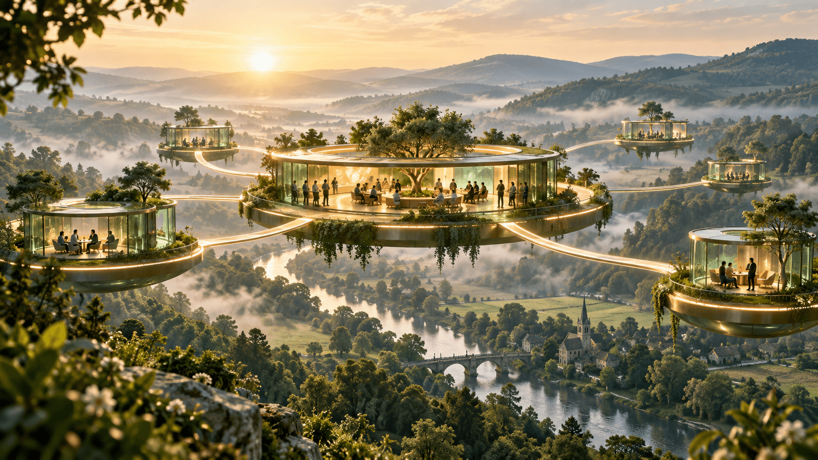 Futuristic community platforms connected by golden paths above a green valley.