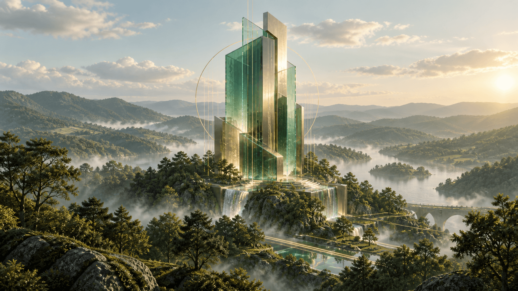 A luminous emerald glass structure rising from misty Berkshire hills.